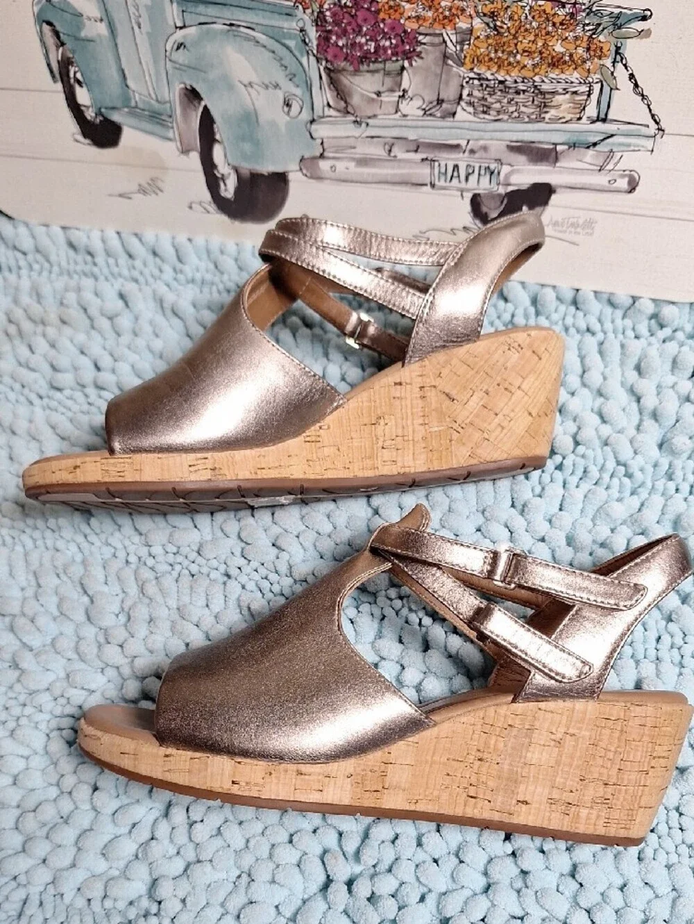 Clarks Metallic Silver Cork Wedge Sandals